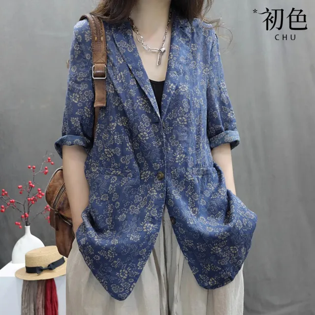 【初色】復古風印花口袋排釦寬鬆個性七分袖長袖西裝外套女外套-共５色-36457(M-3XL可選)