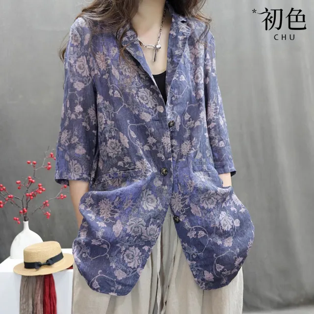 【初色】復古風印花口袋排釦寬鬆個性七分袖長袖西裝外套女外套-共５色-36457(M-3XL可選)