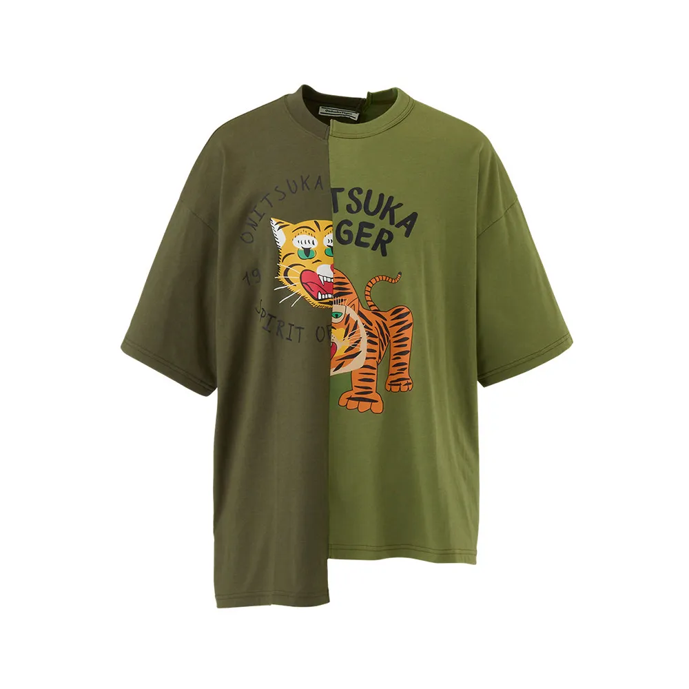 Onitsuka Tiger】Onitsuka Tiger鬼塚虎-灰綠拼接老虎印花短袖 Onitsuka Tiger】Onitsuka Tiger鬼塚虎-灰綠拼接老虎印花短袖