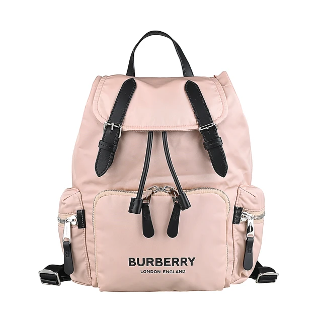 BURBERRY 巴寶莉 BURBERRY字母印花LOGO尼龍飾小牛皮釦式束口後背包(粉)