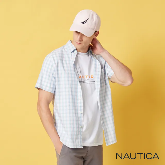 【NAUTICA】男裝 清新格紋短袖襯衫(藍色)