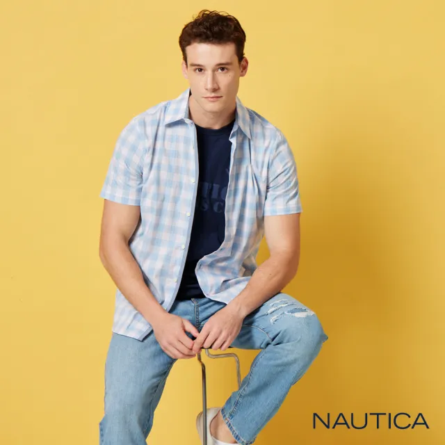 【NAUTICA】男裝 夏日清新透氣短袖襯衫(藍色)