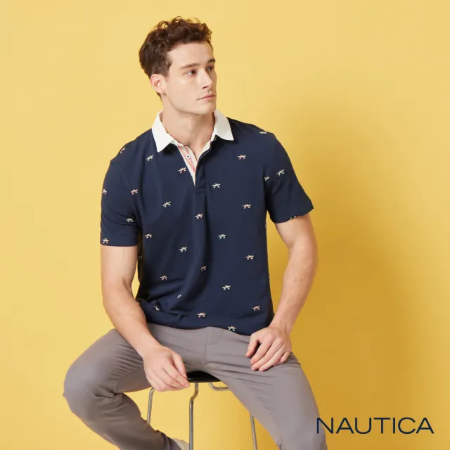 【NAUTICA】男裝 滿版小船刺繡短袖POLO衫(深藍色)