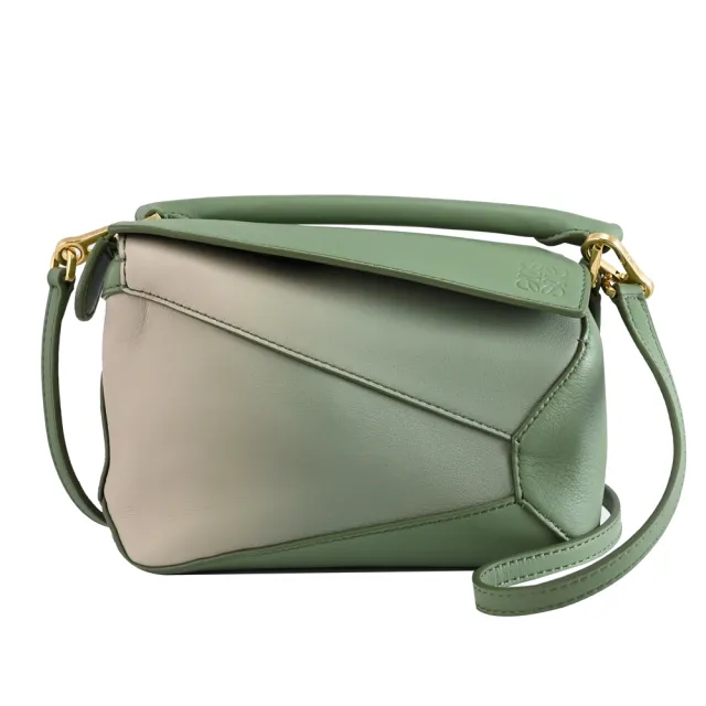 【LOEWE 羅威】Puzzle 經典撞色經典幾何拼接小牛皮手提兩用包(淺灰綠 小)entrupy安心購