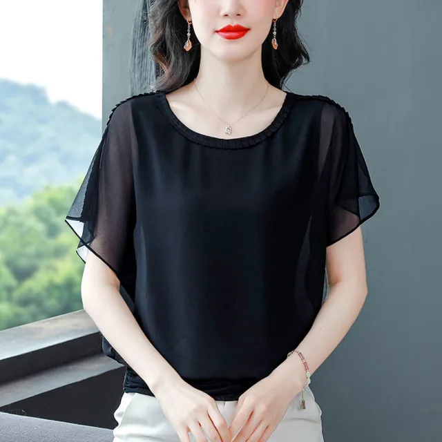 【ALLK 歐楷】新品 蝙蝠袖雪紡衫長上衣 黑色(尺寸L-XXL/中大尺碼/涼爽/透氣)