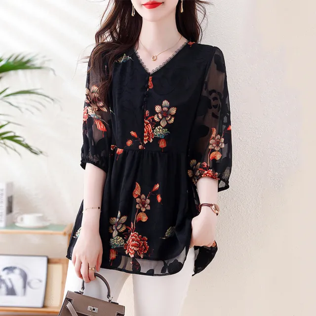 【ALLK 歐楷】新品上架 印花雪紡衫長上衣 圖片色(尺寸L-3XL/中大尺碼/涼爽/透氣)