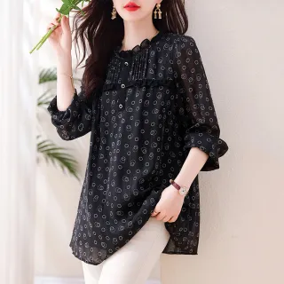 【ALLK 歐楷】新品 印花雪紡衫長上衣 黑色(尺寸L-XXL/中大尺碼/涼爽/透氣)