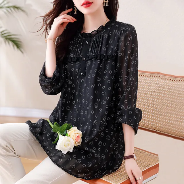 【ALLK 歐楷】新品 印花雪紡衫長上衣 黑色(尺寸L-XXL/中大尺碼/涼爽/透氣)