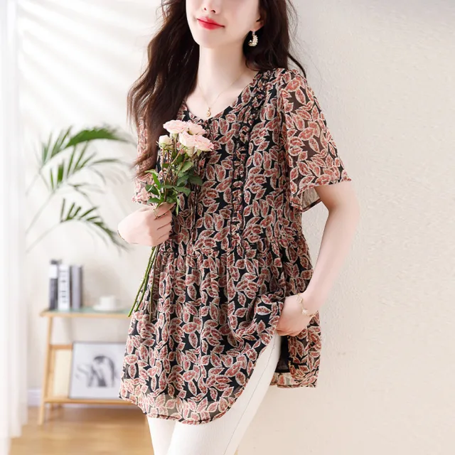 【ALLK 歐楷】新品 印花雪紡衫長上衣 圖片色(尺寸L-XXL/中大尺碼/涼爽/透氣)