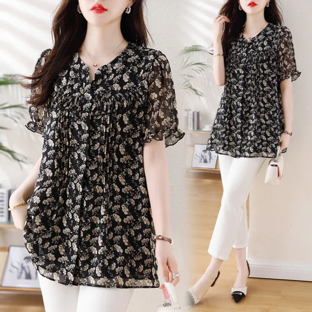【ALLK 歐楷】新品上架 碎花雪紡衫長上衣 圖片色(尺寸L-XXL/中大尺碼/涼爽/透氣)