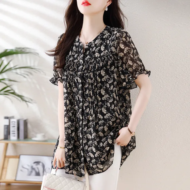 【ALLK 歐楷】新品上架 碎花雪紡衫長上衣 圖片色(尺寸L-XXL/中大尺碼/涼爽/透氣)