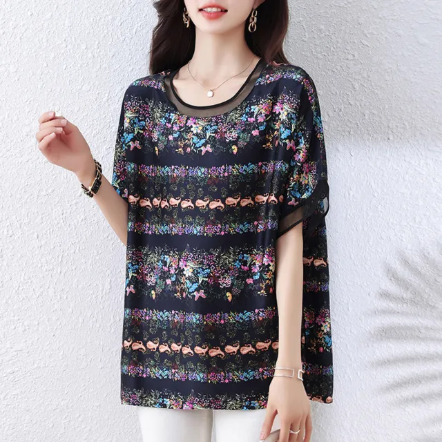 【ALLK 歐楷】新品 印花雪紡衫長上衣 黑色(尺寸L-XXL/中大尺碼/涼爽/透氣)