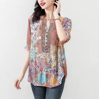 【ALLK 歐楷】出清 印花雪紡衫長上衣 紅色(尺寸L-XXL/中大尺碼/涼爽/透氣)