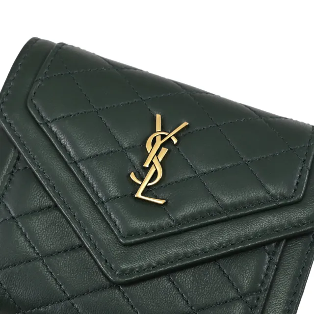 【YSL】經典字母LOGO菱格縫線小羊皮三折扣式零錢短夾(深綠)