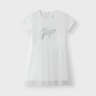【GAP】女幼童裝 Logo圓領短袖紗裙洋裝-白色(466787)