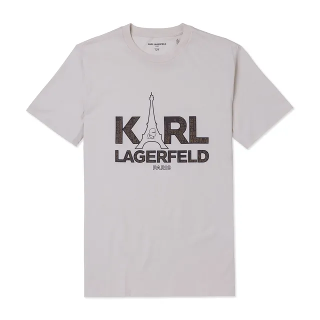 【KARL LAGERFELD 卡爾】老佛爺 經典印刷文字Logo純棉圖案短袖T恤-燕麥色 上衣(專櫃款/平輸品/短T)