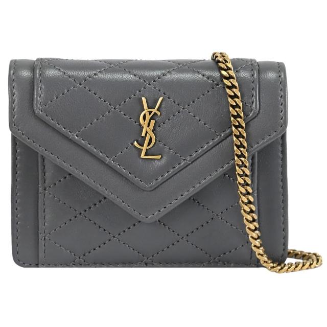 【YSL】Gaby Mini 金屬LOGO菱格縫線超迷你斜背卡片零錢包小廢包(灰)