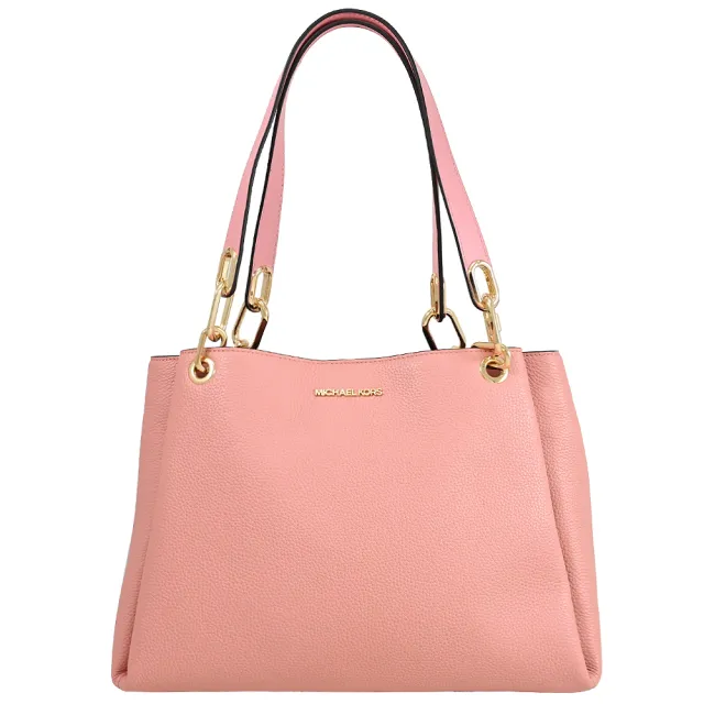 【Michael Kors】簡約金屬浮雕LOGO荔枝皮革三層包肩背包托特包(玫瑰粉)