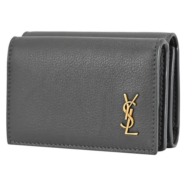 【YSL】品牌金屬YSL字母LOGO小牛皮三折雙面零錢短夾(灰)