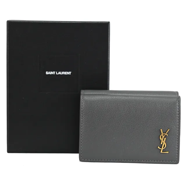 【YSL】品牌金屬YSL字母LOGO小牛皮三折雙面零錢短夾(灰)