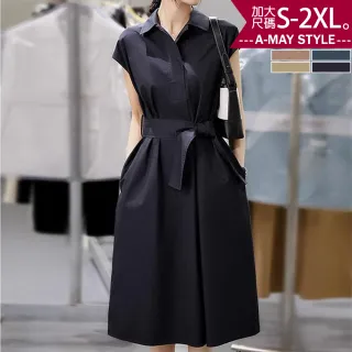 【艾美時尚】中大尺碼女裝 洋裝 法式輕熟感翻領無袖連身裙。S-2XL(4色.預購)