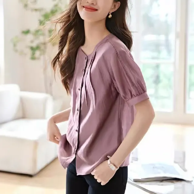 【LANNI 藍尼】★五分圓領休閒泡泡袖上衣(上衣/女裝/T恤/休閒/百搭/復古/日系)