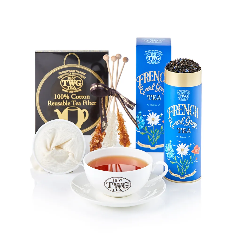 【TWG Tea】法式伯爵茶茗茶禮物組(法式伯爵茶/多款茗茶 100g/罐+早茶杯盤組+瀘茶網+茶糖棒)