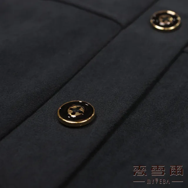 【MYVEGA 麥雪爾】層次剪接裝飾排釦彈力後腰長裙-黑