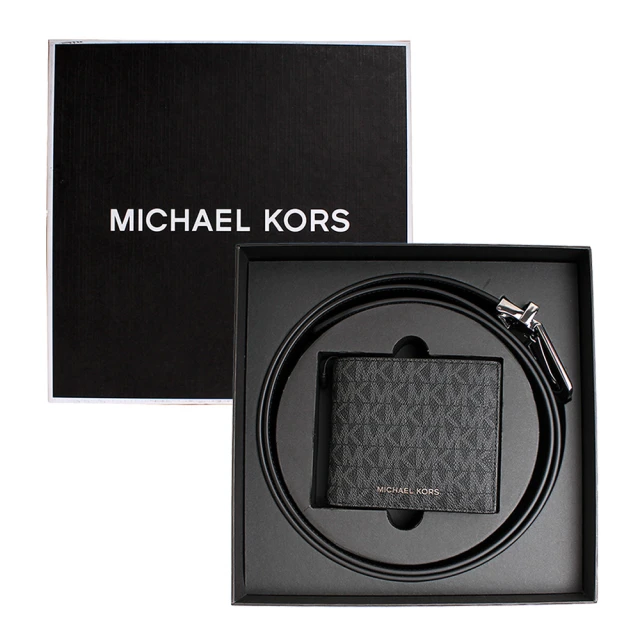 Michael Kors MK防刮皮革8卡短夾+皮帶禮盒組/男生短夾皮帶禮盒(滿版黑)