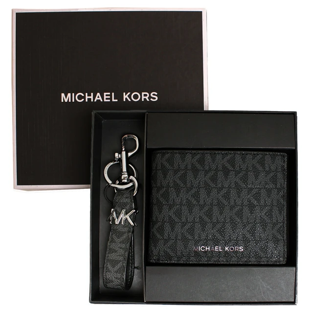 Michael Kors MK防刮皮革六卡皮夾+鑰匙圈禮盒組/男生皮夾禮盒(滿版黑)