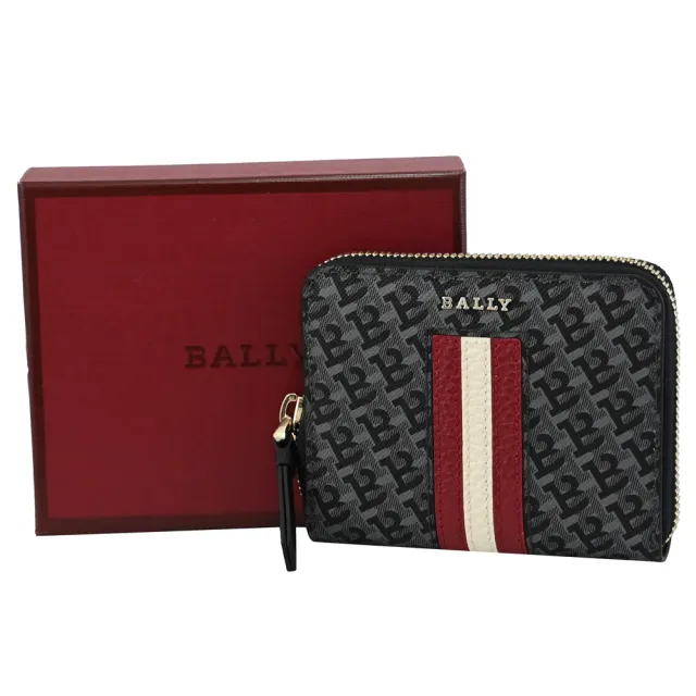 【BALLY】經典B字印花紅白紅條紋信用卡名片零錢包短夾(灰)