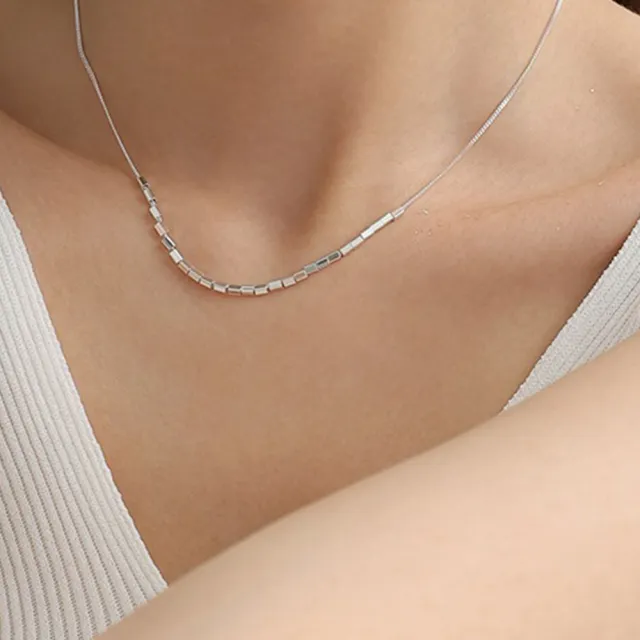 【LEESA】女生飾品/全純銀項鍊/方塊項鍊/女項鍊/韓國項鍊/名牌項鍊/設計高級感/輕奢項鍊/ 
