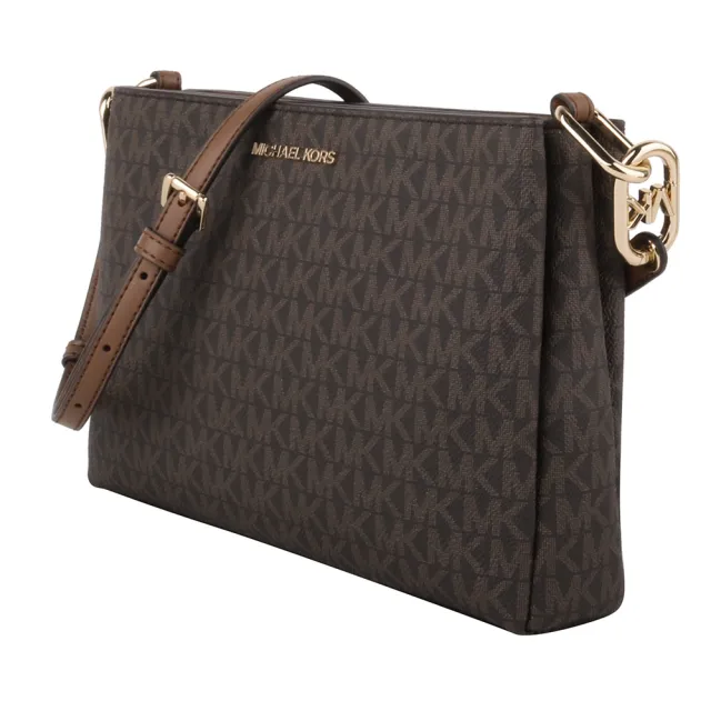 【Michael Kors】金字滿版MK PVC皮革三層斜背包(深咖)