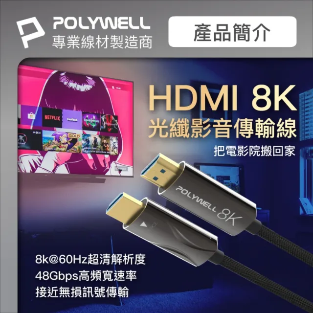 【POLYWELL】HDMI AOC光纖線 2.1版 /10M