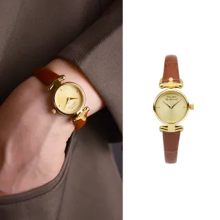 【Vivienne Westwood】金框 金面 放射造型錶盤 棕色皮革錶帶 小錶盤 女錶 23mm  年中慶(VV090GDBR)
