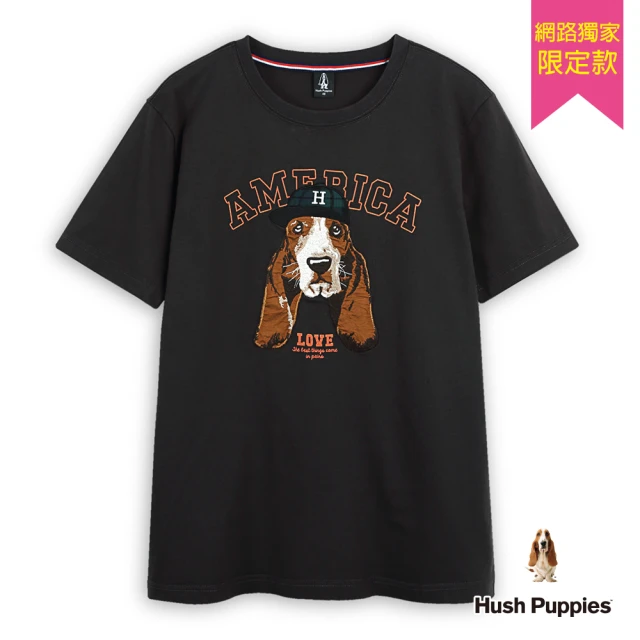 Hush Puppies 男裝 T恤 英文字印花貼布刺繡棒球帽狗T恤(深灰 / 44111904)