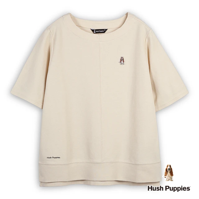 Hush Puppies 女裝 上衣 素色船型領寬版落肩短版上衣(淺卡其 / 44210201)