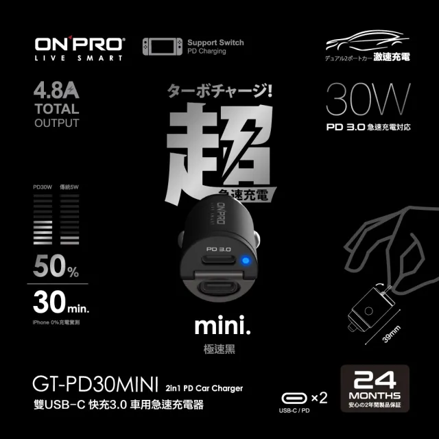 【ONPRO】GT-PD30MINI 30W 隱藏式雙Type-C車用PD快充充電器