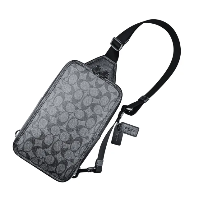 【COACH】碳黑C Logo黑邊真皮直式方型單肩胸背斜後背男包