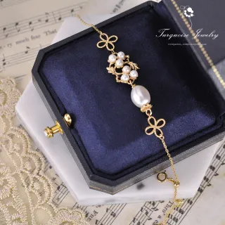 【Turquoise Jewelry】文藝復興復古風格花朵藤蔓天然淡水珍珠S925銀鍍金手鍊(tqsu0027)