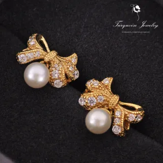 【Turquoise Jewelry】輕奢風蝴蝶結天然淡水珍珠S925銀鍍金耳環(tqsu0005)