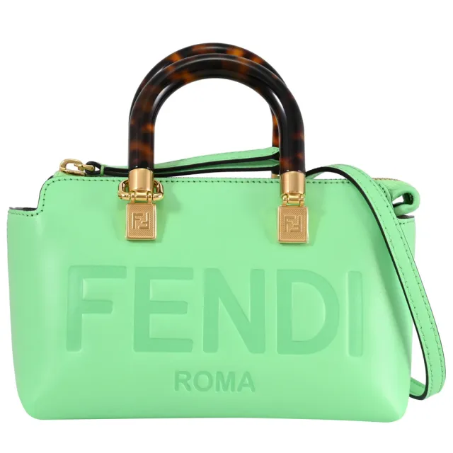 【FENDI 芬迪】BY THE WAY MINI 經典大LOGO壓紋琥珀提把迷你手提包兩用包(亮綠)