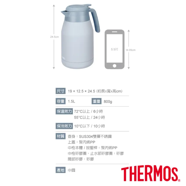 【THERMOS 膳魔師】淺墨藍不鏽鋼按壓式真空保溫壼1500ml(THS-1501-PBL)