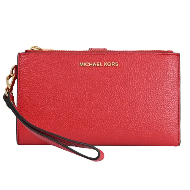 【Michael Kors】新版經典LOGO荔枝皮革手提式雙拉鍊手機袋長夾(紅)