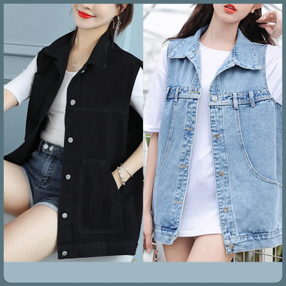 【MsMore】網紅牛仔背心韓版寬鬆無袖中長版百搭背心外套#118569(2款任選)