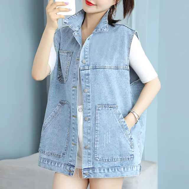 【MsMore】網紅牛仔背心韓版寬鬆無袖中長版百搭背心外套#118569(2款任選)