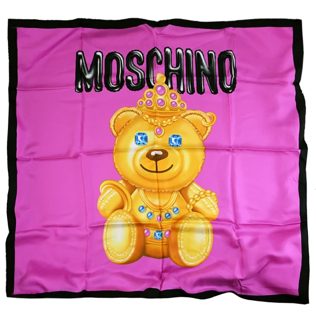 MOSCHINO 經典黃金氣球泰迪熊純絲綢披肩領巾圍巾(紫)