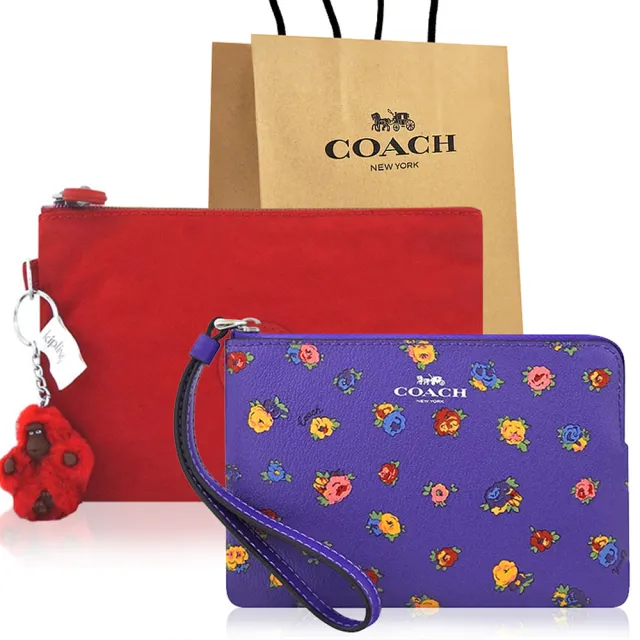 【COACH】玫瑰花圖樣PVC手拿包+三層化妝包(紫色+紅色)