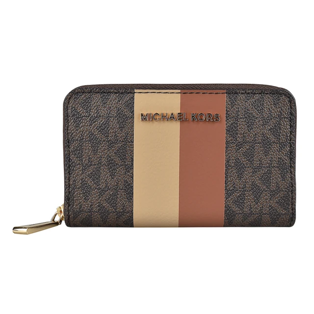 Michael Kors MK MICHAEL KORS經典LOGO拉鍊緹花條紋PVC零錢包(棕褐x奶茶x橡子棕)