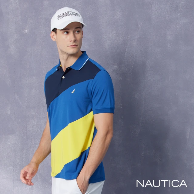 NAUTICA 男裝 吸濕排汗斜條紋短袖POLO衫(藍黃色)